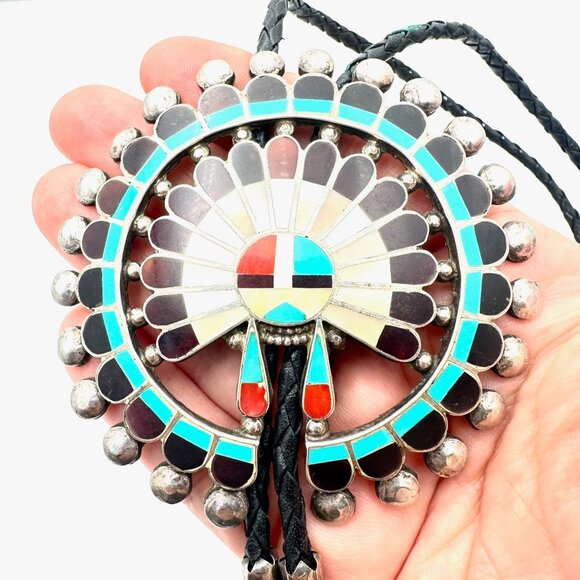 Rare Native American Zuni Cellicion Sterling Turquoise Large Sunface Bolo Tie - Picture 1 of 9